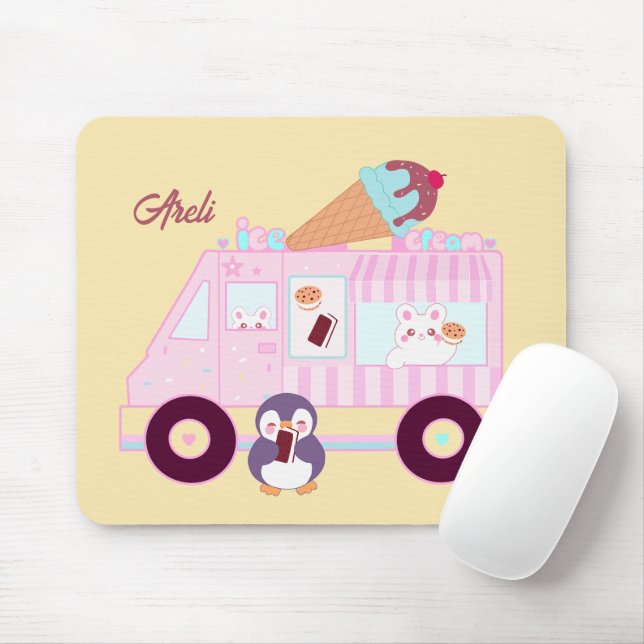 Blue And Pink Cute  Bunny Rabbit Ice Cream Truck Mouse Mat (With Mouse)