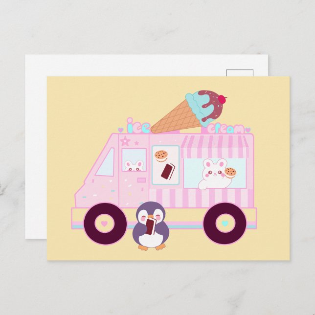 Blue And Pink Cute  Bunny Rabbit Ice Cream Truck Postcard (Front/Back)