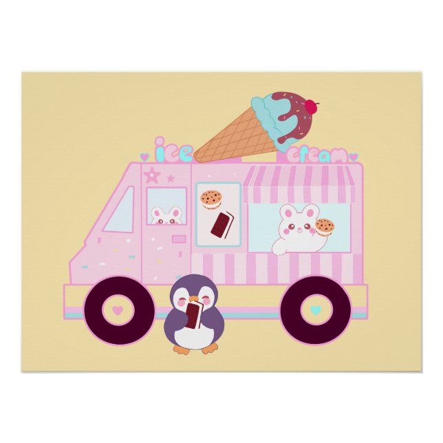 Blue And Pink Cute  Bunny Rabbit Ice Cream Truck Poster (Front)