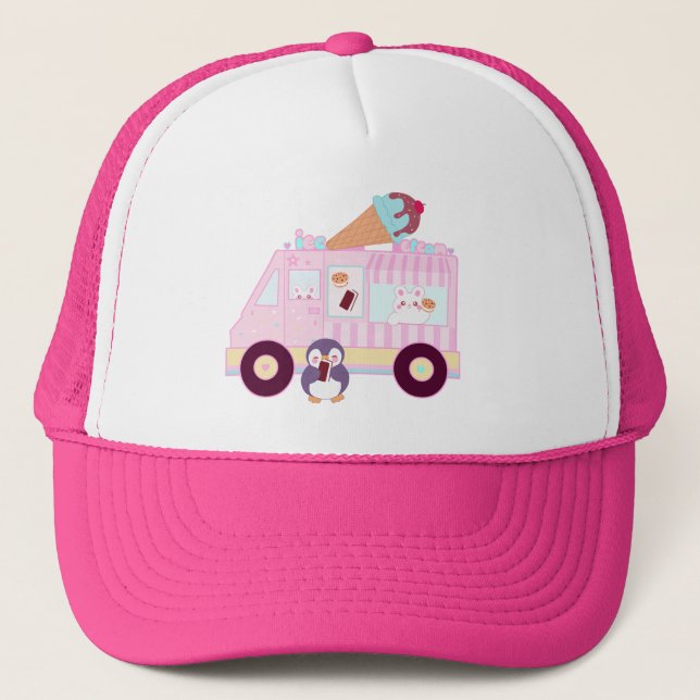 Blue And Pink Cute  Bunny Rabbit Ice Cream Truck Trucker Hat (Front)