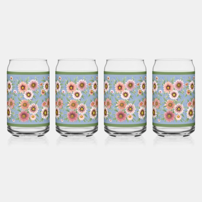 Blue and Pink Daisies Floral Botanical Art Can Glass (Front)
