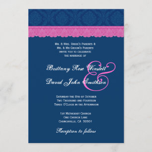 Blue and Pink Damask Lace Wedding V04 Invitation
