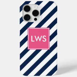 Blue and Pink Diagonal Stripes Monogram iPhone 15 Pro Max Case