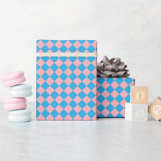 Blue and Pink Diamond Checked Pattern Wrapping Paper (Baby Shower)