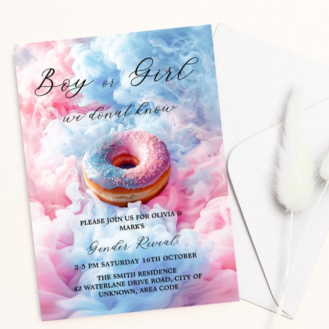 Blue and Pink Donut Doughnut Smoke Gender Reveal Invitation (Creator Uploaded)