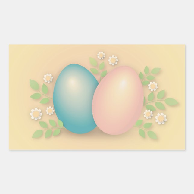 Blue and pink easter eggs and spring flowers  rectangular sticker (Front)