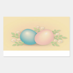 Blue and pink easter eggs and spring flowers  rectangular sticker