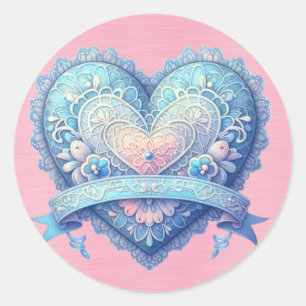 Blue and Pink Fancy Valentine Classic Round Sticker