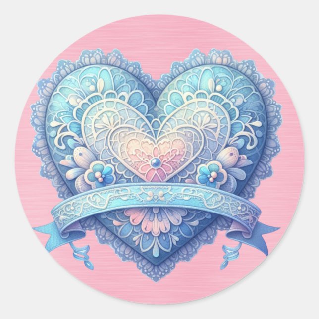 Blue and Pink Fancy Valentine  Classic Round Sticker (Front)