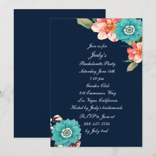 Blue And Pink Floral Botanical Bachelorette Party Invitation