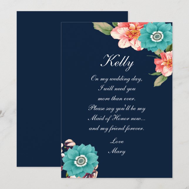 Blue And Pink Floral Botanical Maid Of Honour Invitation (Front/Back)