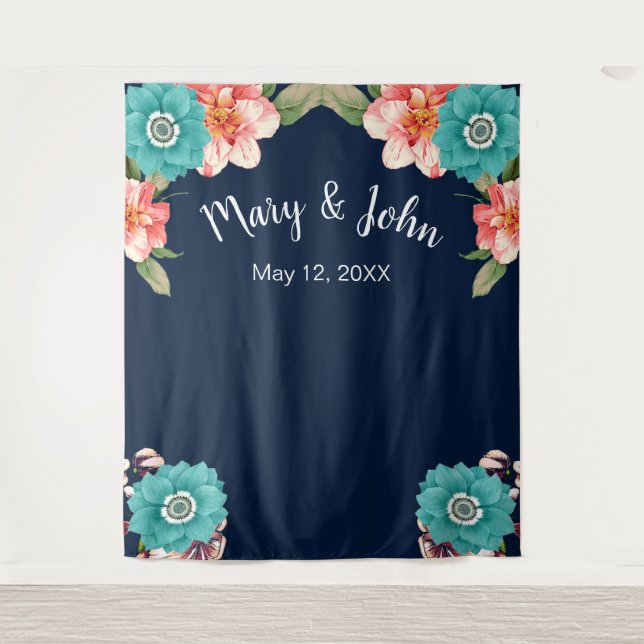 Blue And Pink Floral Botanical Photo Backdrop Tapestry (Front)