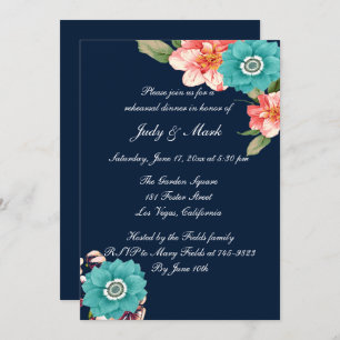 Blue And Pink Floral Botanical Rehearsal Dinner Invitation