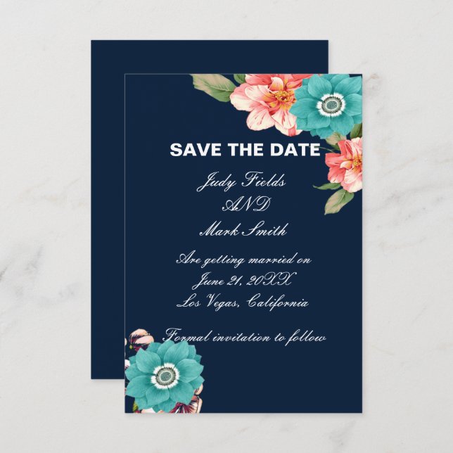 Blue And Pink Floral Botanical Save The Date Card (Front/Back)