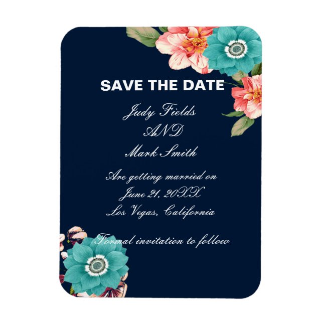 Blue And Pink Floral Botanical Save The Date Magnet (Vertical)