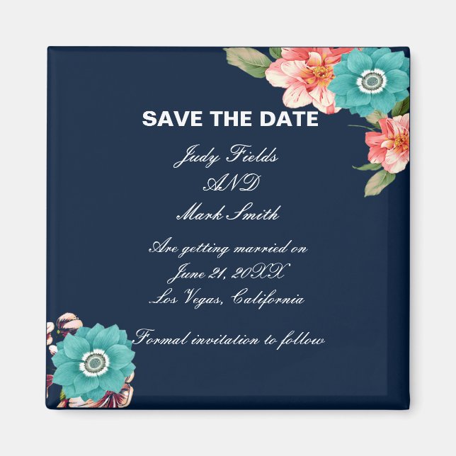 Blue And Pink Floral Botanical Save The Date Magnet (Front)