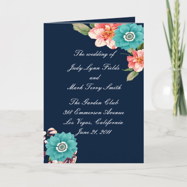Blue And Pink Floral Botanical Wedding Program  Thank You Card (Front)