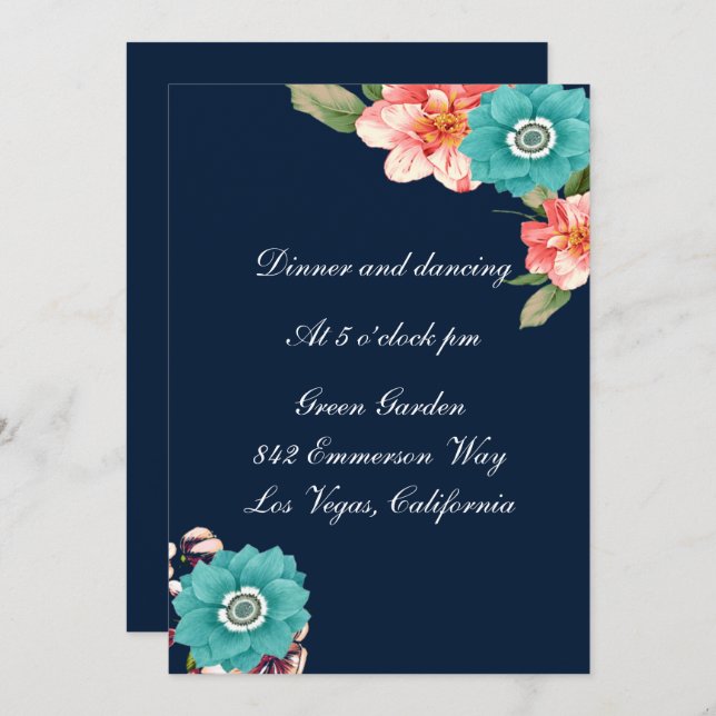 Blue And Pink Floral Botanical Wedding Reception Invitation (Front/Back)