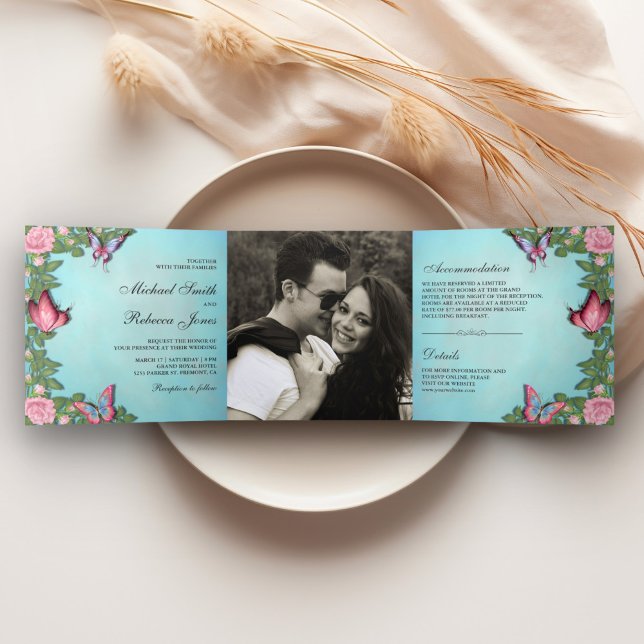 Blue and Pink Floral Butterfly Photo Wedding Tri-Fold Invitation (Creator Uploaded)