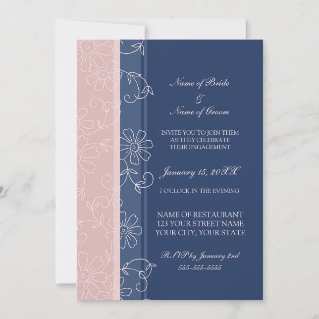 Blue and Pink Floral Engagement Party Invitations (Front)