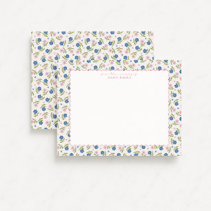 Blue and Pink Floral Hand Drawn Scallop note card