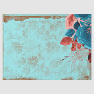 Blue and Pink Floral on Turquoise Decoupage Tissue Paper
