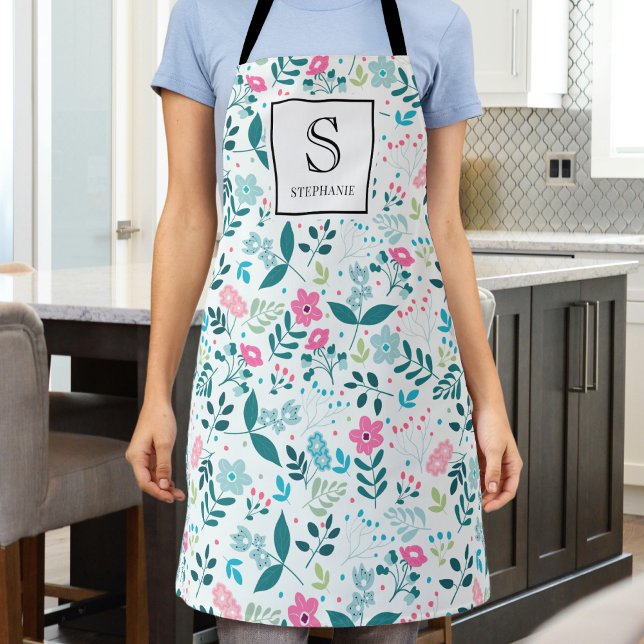 Blue and Pink Floral Pattern with Monogram & Name Apron (Creator Uploaded)