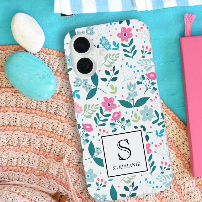 Blue and Pink Floral Pattern with Monogram Name iPhone 16 Case (Creator Uploaded)
