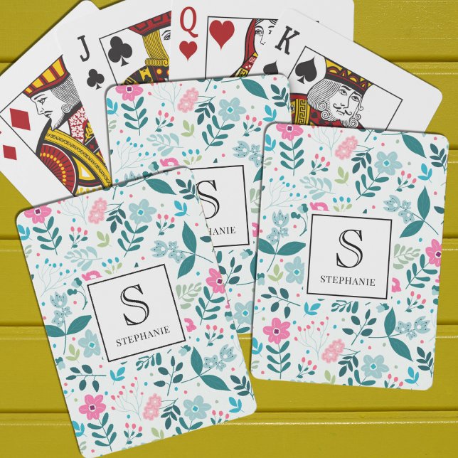 Blue and Pink Floral Pattern with Monogram Name Playing Cards (Creator Uploaded)