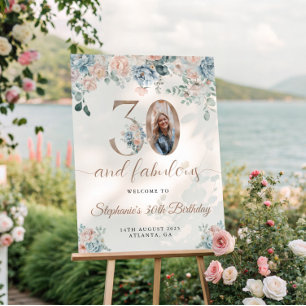 Blue and Pink Floral Photo 30th Birthday Welcome Poster