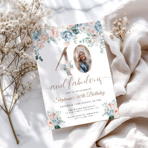 Blue and Pink Floral Photo 40th Birthday Invitation