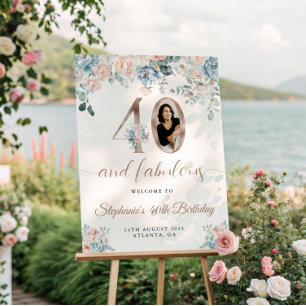 Blue and Pink Floral Photo 40th Birthday Welcome Poster