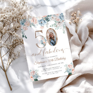 Blue and Pink Floral Photo 50th Birthday Invitation