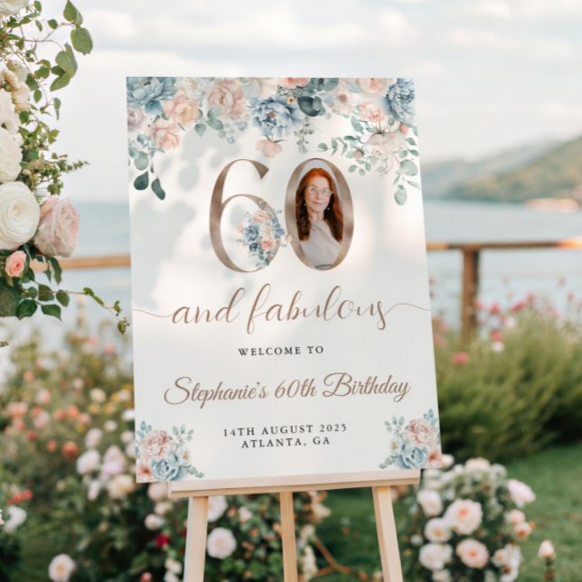 Blue and Pink Floral Photo 60th Birthday Welcome Poster (Creator Uploaded)