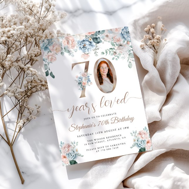 Blue and Pink Floral Photo 70th Birthday Invitation (Creator Uploaded)