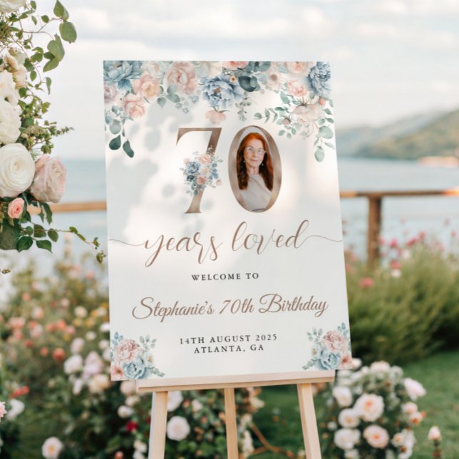 Blue and Pink Floral Photo 70th Birthday Welcome Poster (Creator Uploaded)