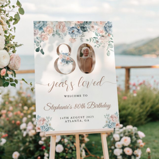 Blue and Pink Floral Photo 80th Birthday Welcome Poster (Creator Uploaded)
