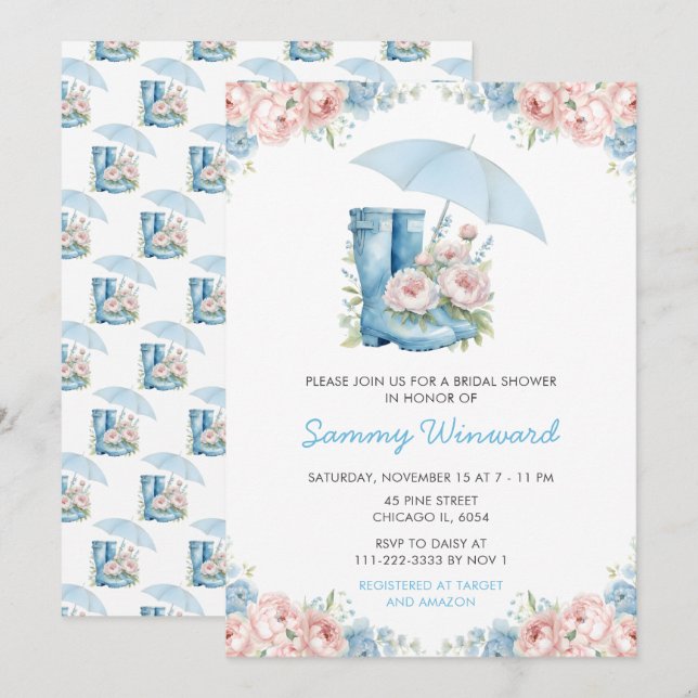 Blue and Pink Floral Umbrella Bridal Shower Invitation (Front/Back)