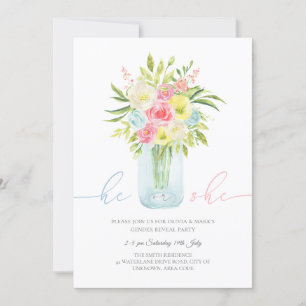 Blue and Pink Floral Vase Gender Reveal Invitation