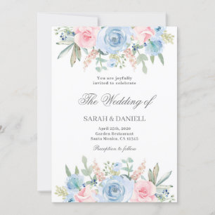 Blue and pink floral wedding invitation