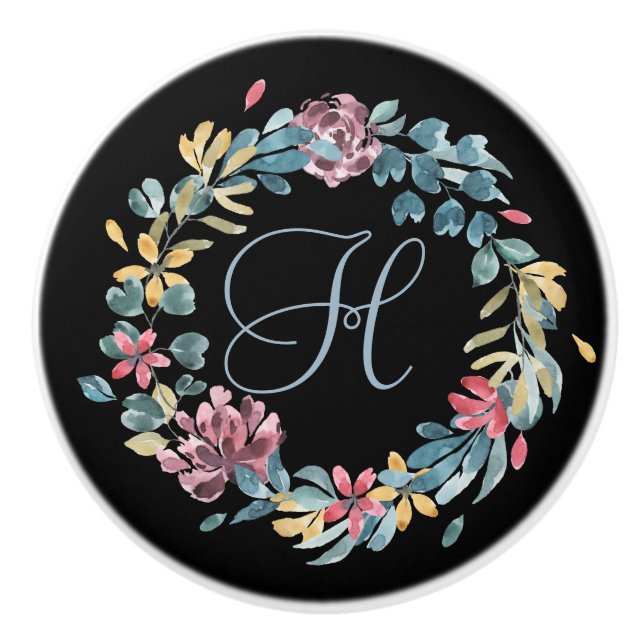 Blue and Pink Floral Wreath Monogram Ceramic Knob (Front)
