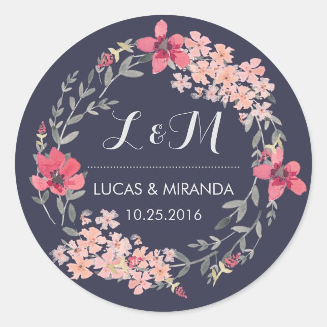 Blue and Pink Floral Wreath Wedding Favour Sticker (Front)