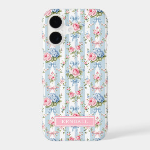 Blue and Pink Flowers and Bows Striped