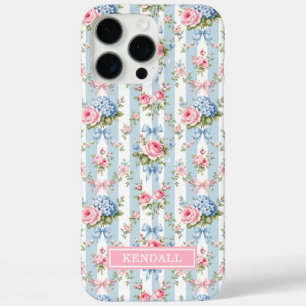 Blue and Pink Flowers and Bows Striped iPhone 16 Pro Max Case