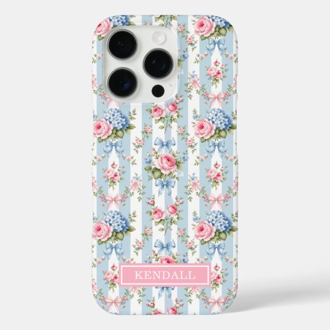Blue and Pink Flowers and Bows Striped Case-Mate iPhone Case (Back)