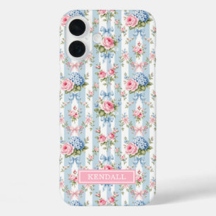 Blue and Pink Flowers and Bows Striped iPhone 16 Plus Case