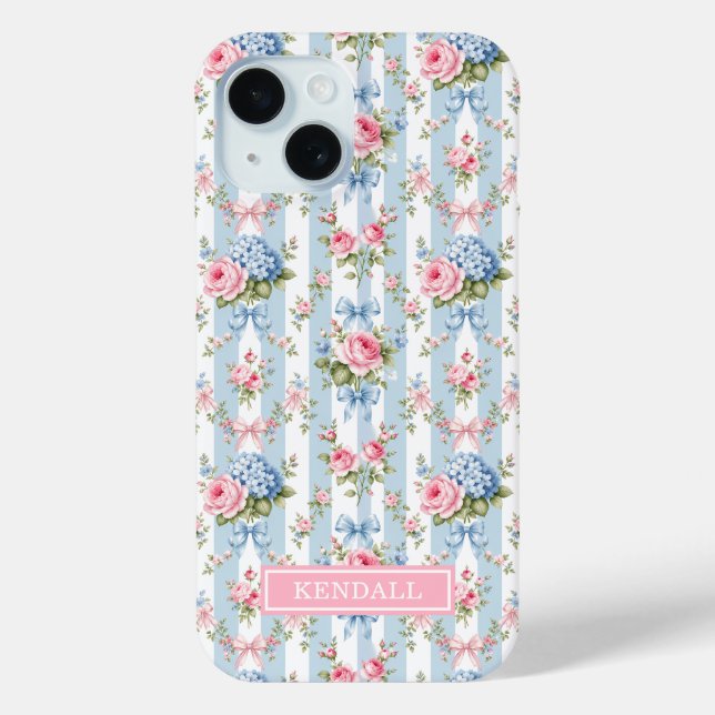 Blue and Pink Flowers and Bows Striped Case-Mate iPhone Case (Back)