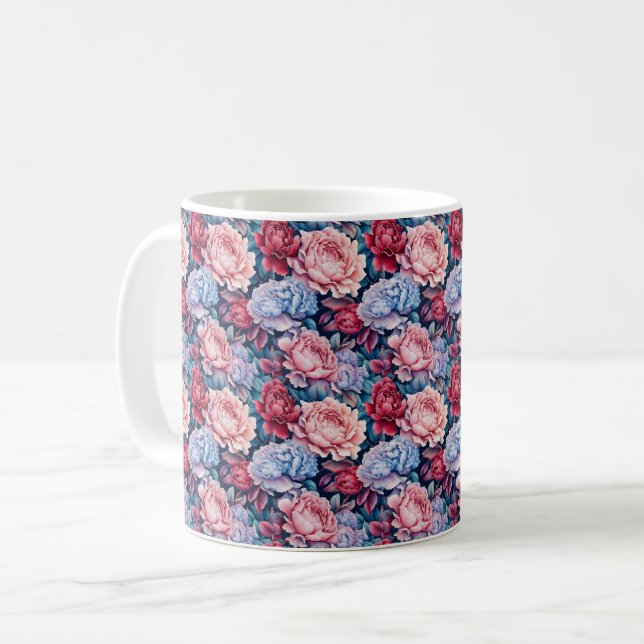 Blue and Pink Flowers Coffee Mug (Front Left)