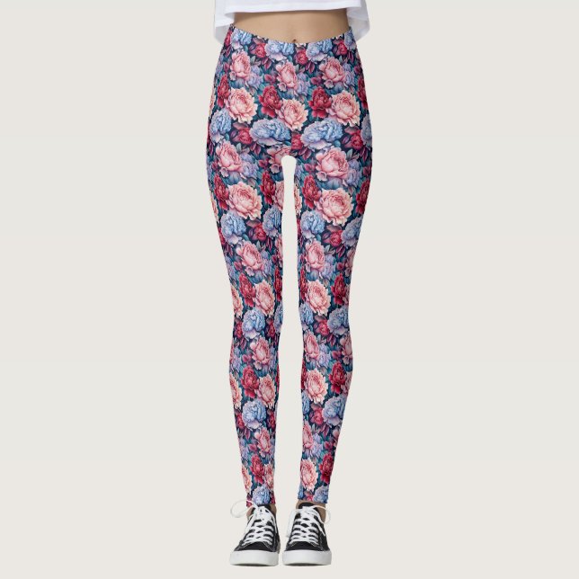 Blue and Pink Flowers Leggings (Front)