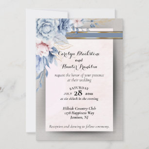 Blue and Pink Flowers on Pink & Grey Wedding Invitation